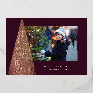 Elegant modern tree plum one photo Christmas Foil Holiday Card