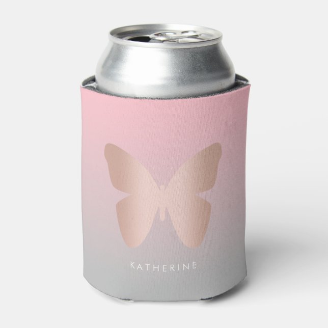 Elegant modern trendy rose gold butterfly can cooler (Can Front)