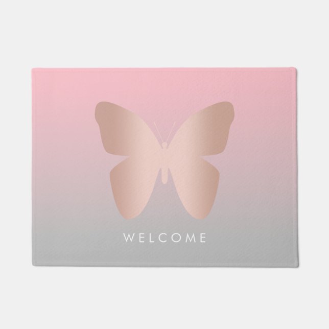 Elegant modern trendy rose gold butterfly doormat (Front)