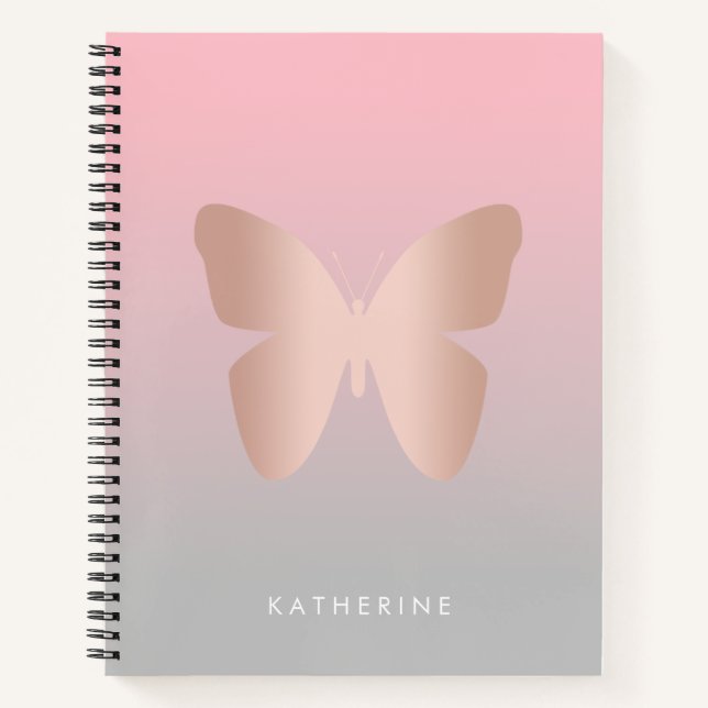 Elegant modern trendy rose gold butterfly notebook (Front)