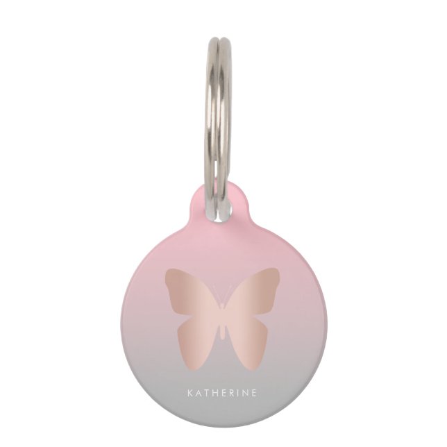 Elegant modern trendy rose gold butterfly pet tag (Front)