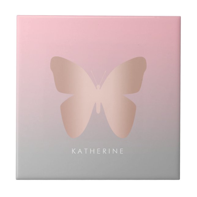 Elegant modern trendy rose gold butterfly tile (Front)
