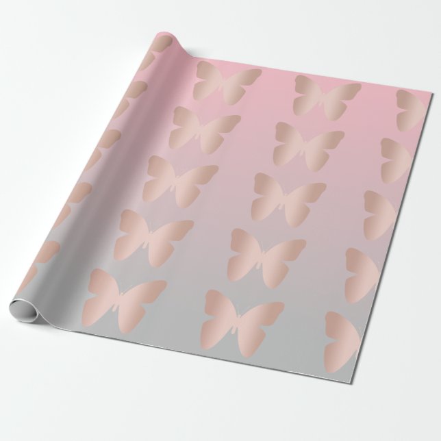 Elegant modern trendy rose gold butterfly wrapping paper (Unrolled)
