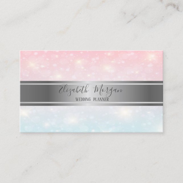 Elegant Modern Trendy Silver Bokeh, Stripe Business Card (Front)