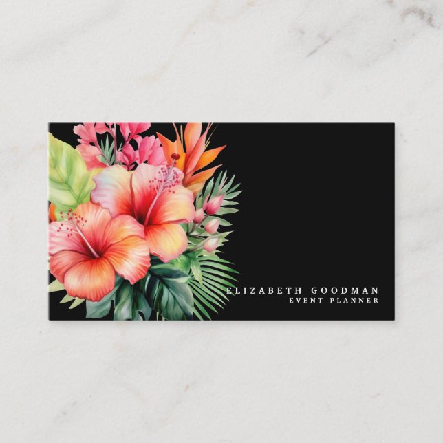 Elegant Modern Tropical Black Business Cards (Front)