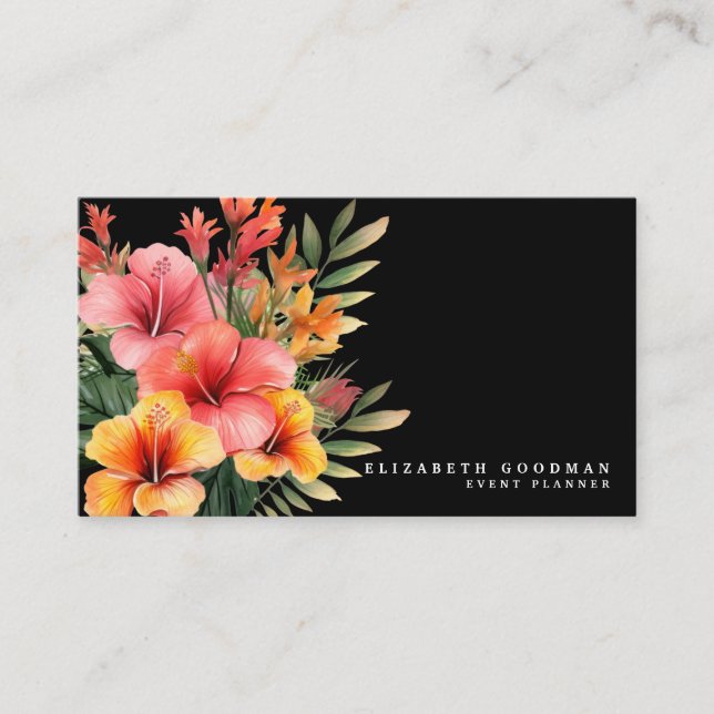 Elegant Modern Tropical Black Business Cards (Front)