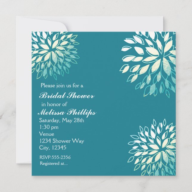 Elegant Modern Turquoise Teal Silver Floral Invite (Front)