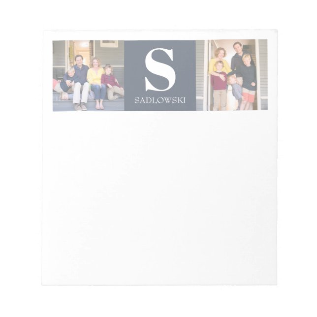 Elegant Modern Two Photo Monogram Family Name Notepad (Front)