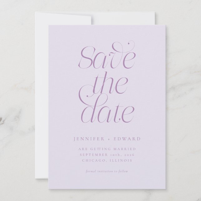 Elegant Modern Typography Lilac Wedding Save The Date (Front)