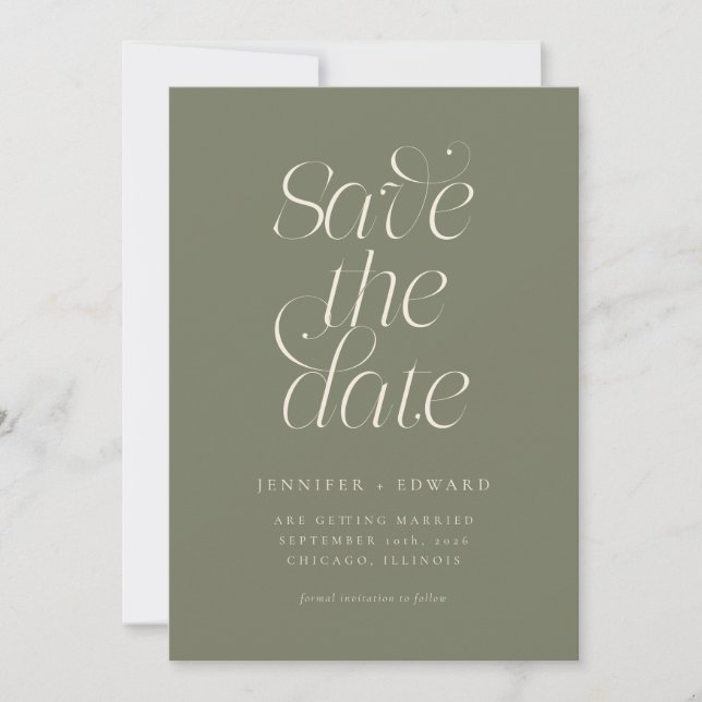 Elegant Modern Typography Sage Green Wedding Save The Date (Front)