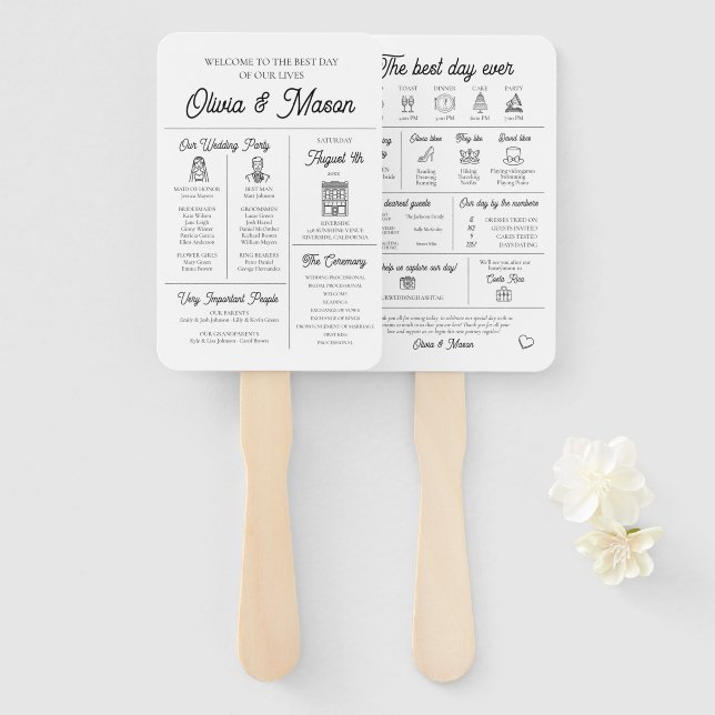 Elegant Modern Unique Infographic Wedding Program Hand Fan (Front and Back)