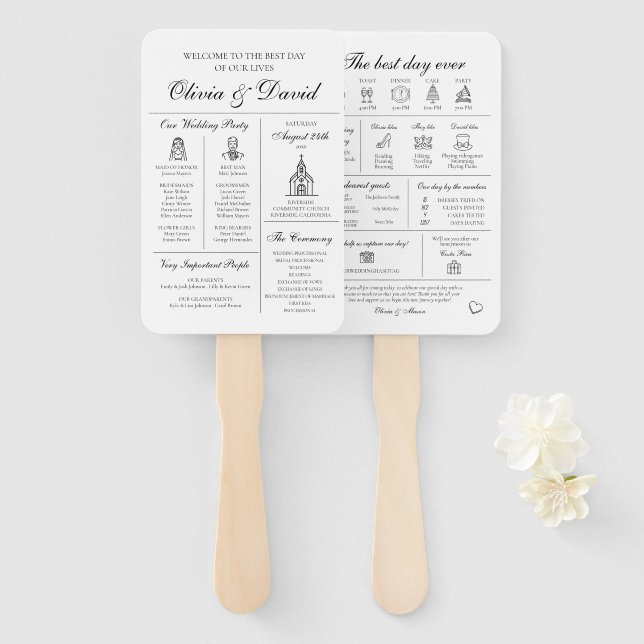 Elegant Modern Unique Infographic Wedding Program Hand Fan (Front and Back)