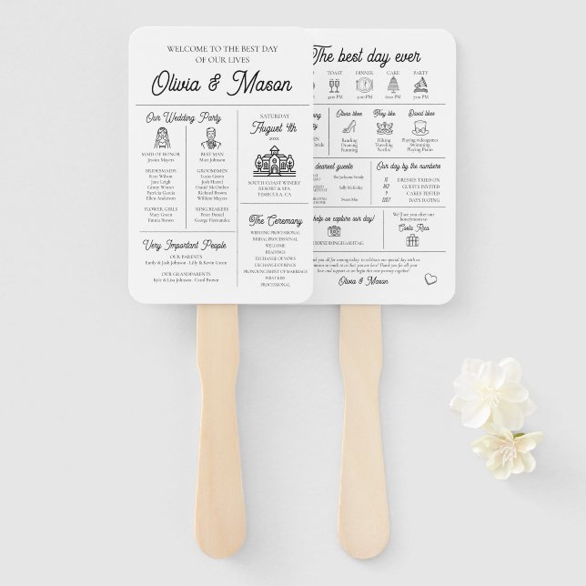 Elegant Modern Unique Infographic Wedding Program Hand Fan (Front and Back)