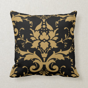 Elegant Modern Vintage Gold Damask on Black Pillow