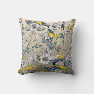 Elegant Modern Vintage Gold Grey Yellow Floral Throw Pillow