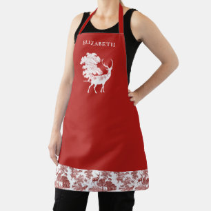 Elegant Modern Vintage Red White Toile Deer  Apron
