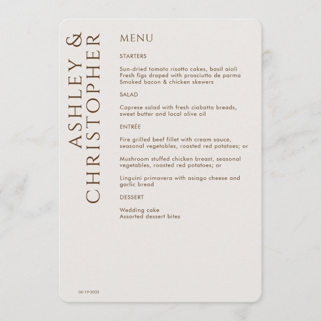 Elegant Modern Walnut Brown Wedding Menu (Front)