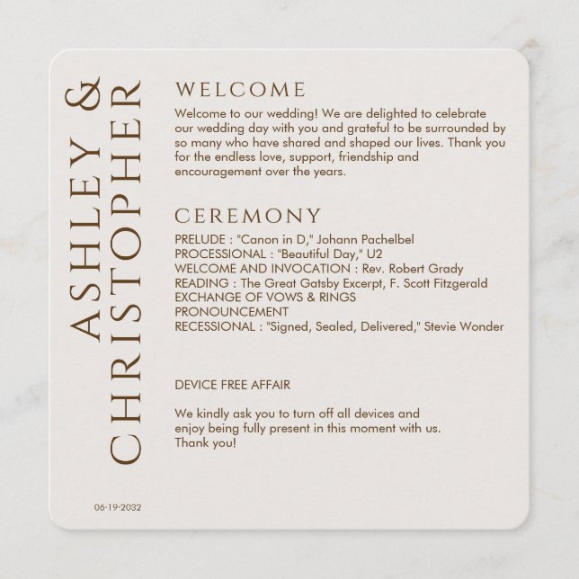 Elegant Modern Walnut Brown Wedding Program (Front)