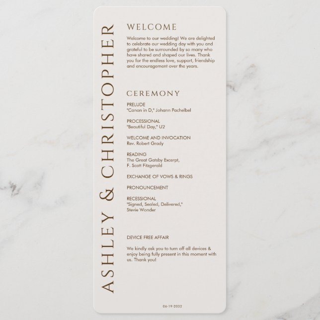 Elegant Modern Walnut Brown Wedding Program (Front)