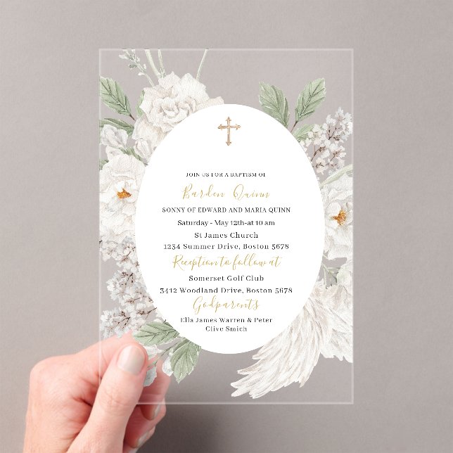 Elegant Modern Watercolor  Angel Baptism Acrylic Invitations (Insitu (Handheld))