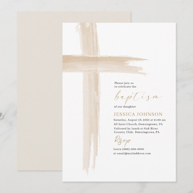 Elegant Modern Watercolor Baptism Cross Invitation (Front/Back)