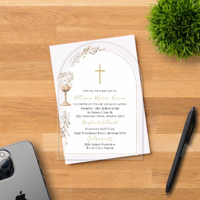 Elegant Modern Watercolor Beige Angel Baptism Acrylic Invitations (Insitu (Invitation Card))