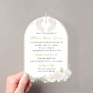 Elegant Modern Watercolor Beige Angel Baptism Invi Acrylic Invitations
