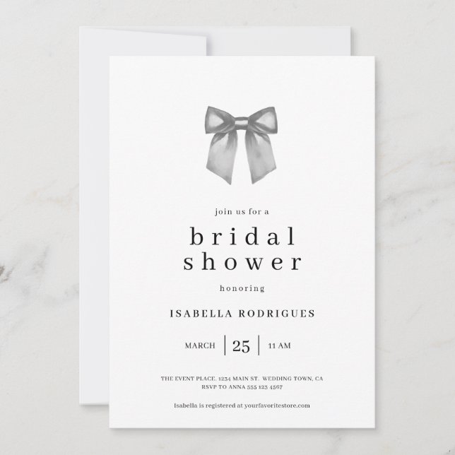 Elegant Modern Watercolor Black Bow Bridal Shower Invitation (Front)