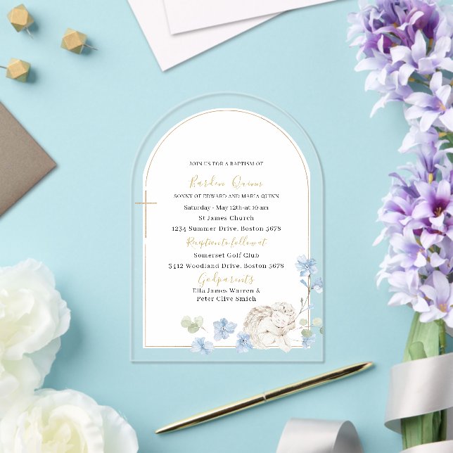 Elegant Modern Watercolor Blue Angel Baptism Acrylic Invitations (Insitu (Wedding))