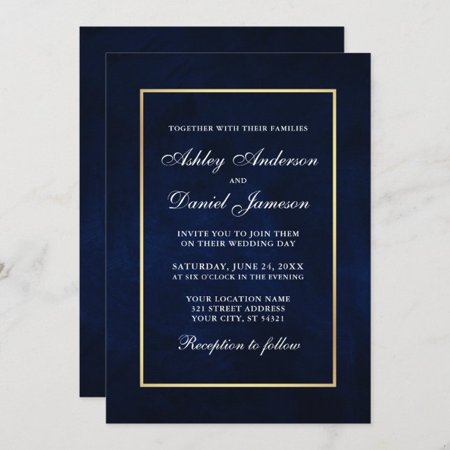 Elegant Modern Watercolor Blue Gold Wedding Invitation (Front/Back)
