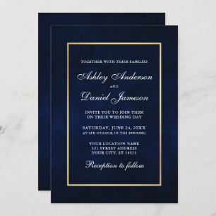 Elegant Modern Watercolor Blue Gold Wedding Invitation