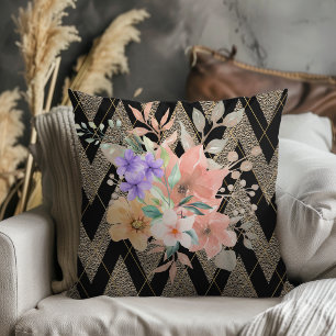 Elegant Modern Watercolor Bouquet Chevron Black Throw Pillow