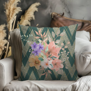 Elegant Modern Watercolor Bouquet Chevron Green Throw Pillow