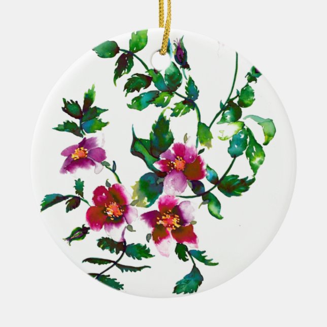 Elegant modern watercolor dark pink wildflowers ceramic ornament (Front)
