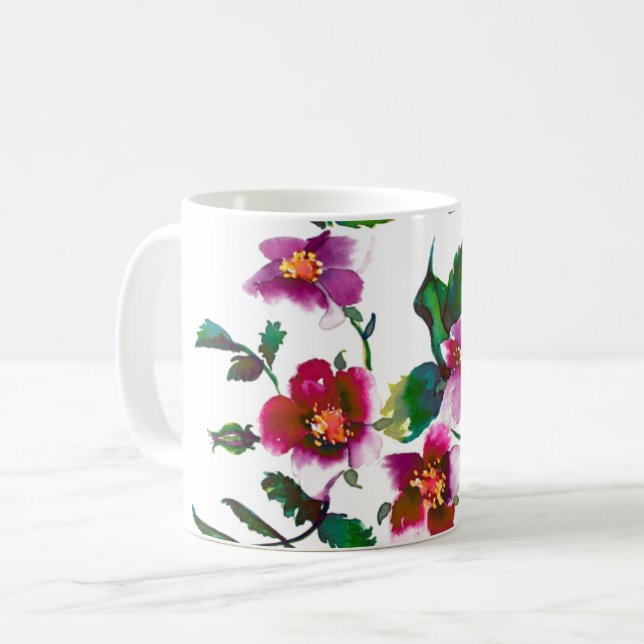 Elegant modern watercolor dark pink wildflowers coffee mug (Front Left)
