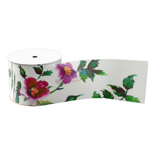 Elegant modern watercolor dark pink wildflowers grosgrain ribbon
