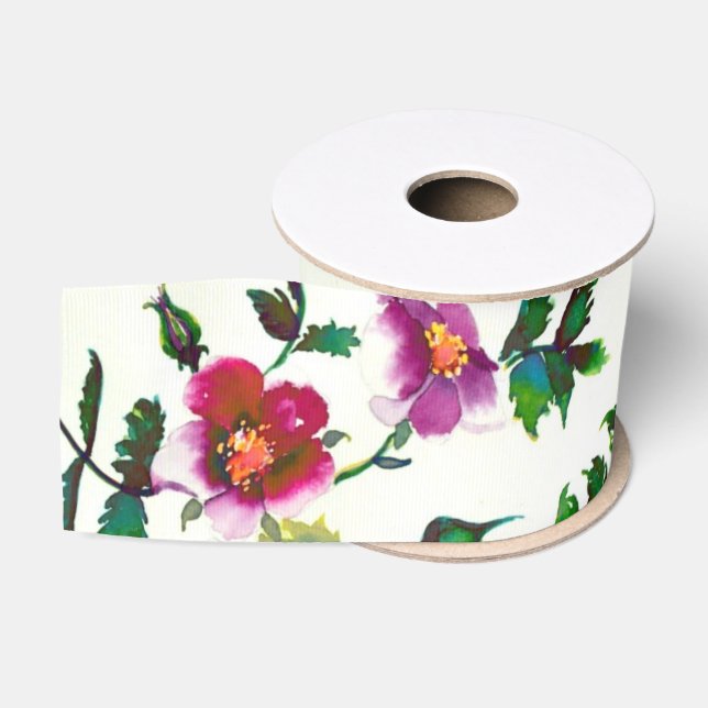 Elegant modern watercolor dark pink wildflowers grosgrain ribbon (Spool)