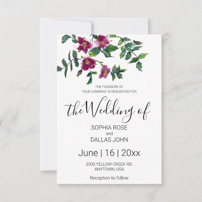 Elegant modern watercolor dark pink wildflowers invitation (Front)