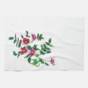 Elegant modern watercolor dark pink wildflowers kitchen towel
