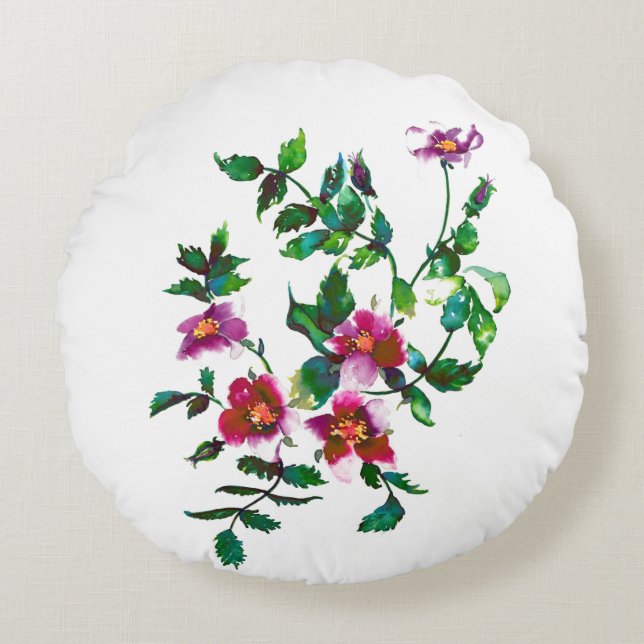 Elegant modern watercolor dark pink wildflowers round pillow (Front)