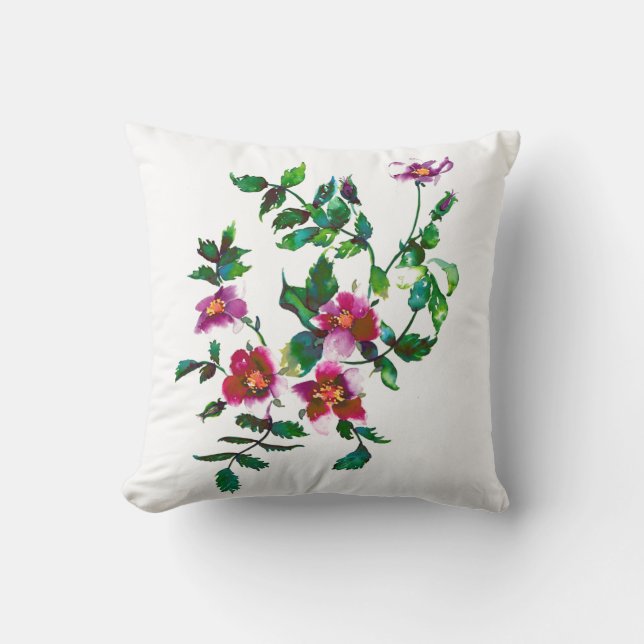 Elegant modern watercolor dark pink wildflowers throw pillow (Front)