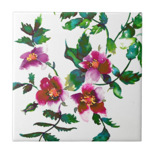 Elegant modern watercolor dark pink wildflowers tile