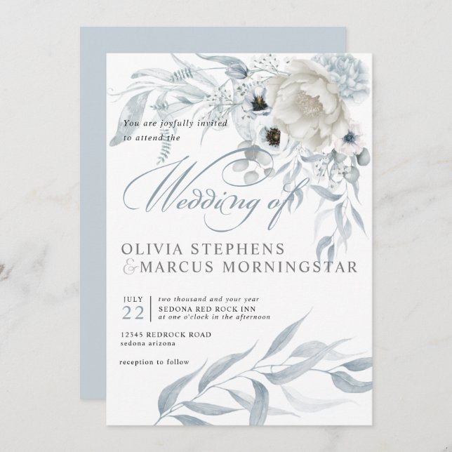 Elegant Modern Watercolor Dusty Blue Floral Invitation (Front/Back)