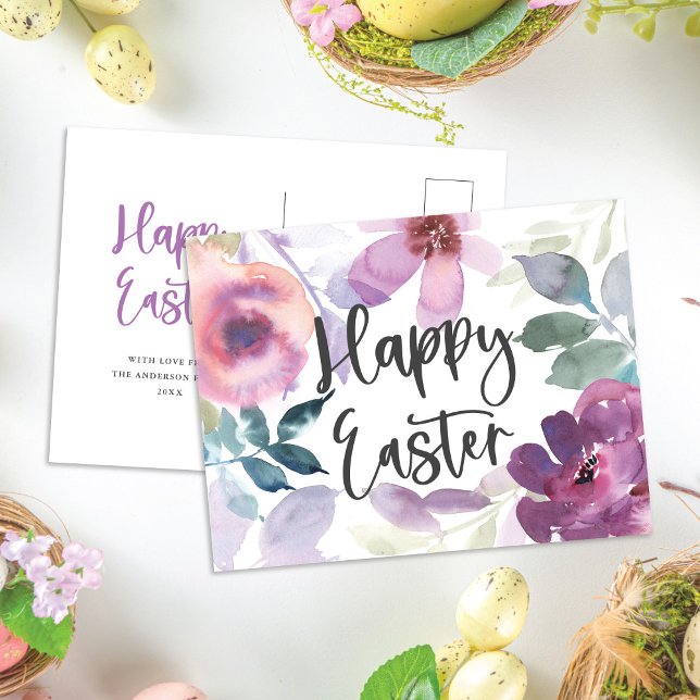 Elegant Modern Watercolor Floral Happy Easter Postcard (Creator Uploaded)