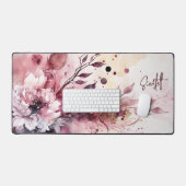 Elegant Modern Watercolor Floral Personalized Name Desk Mat (Keyboard & Mouse)