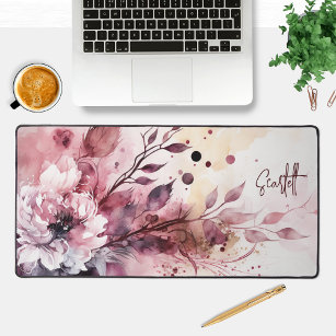 Elegant Modern Watercolor Floral Personalized Name Desk Mat