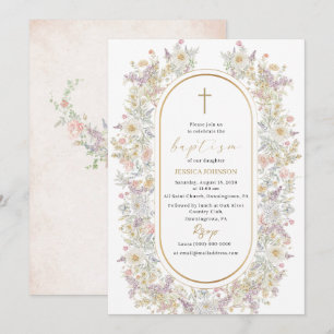 Elegant Modern Watercolor Flowers Baptism Invitation
