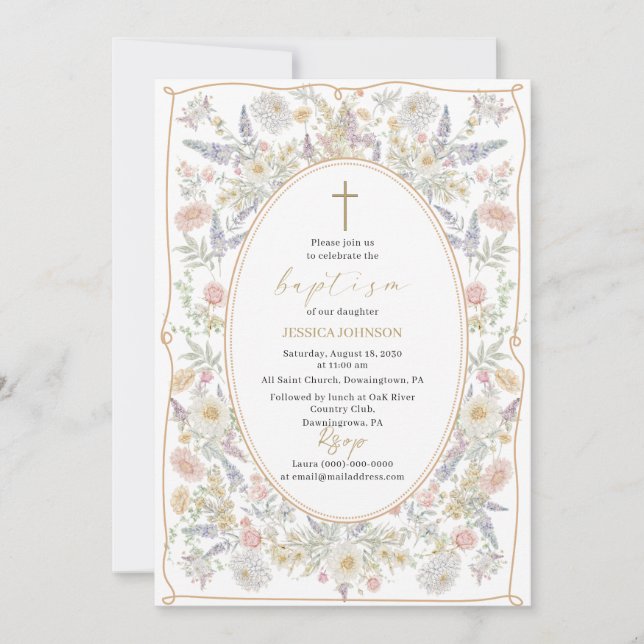 Elegant Modern Watercolor Flowers Baptism Invitation (Front)