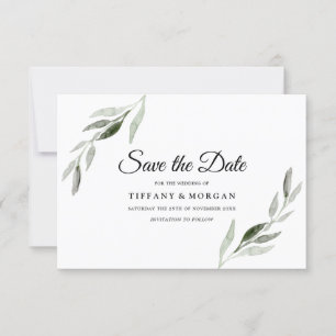 Elegant Modern Watercolor Green Leaf Wedding Save The Date