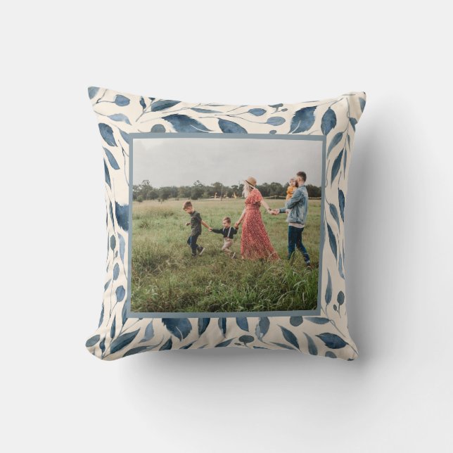 Elegant Modern Watercolor Leaves Blue Custom Photo Throw Pillow (Front)